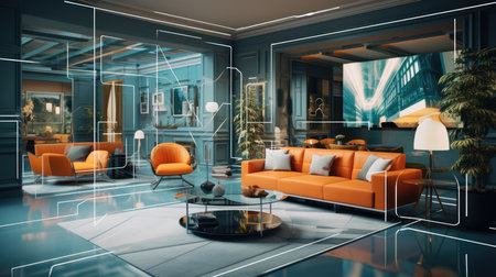 Interior of modern living room with orange sofa and orange armchairs.の素材