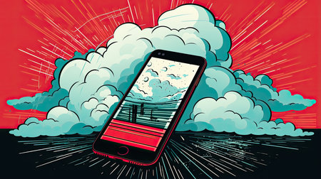 Vector illustration of a smartphone with a view of the city in the clouds.の素材