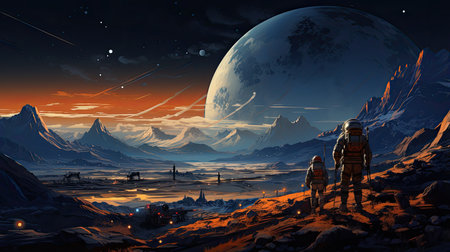 Fantasy landscape with two astronauts in the moonlight.の素材