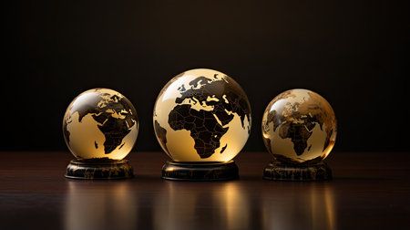 Three golden globes with world map on wooden table.の素材