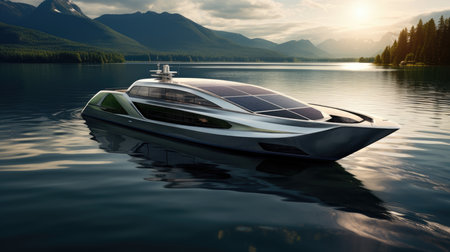 a speedboat on a lake in the mountainsの素材