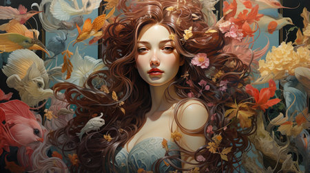 Portrait of a beautiful girl with long hair and red lips.の素材