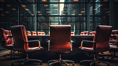 Interior of modern conference room with red leather armchairs.の素材