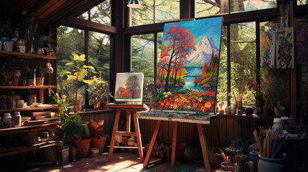 Artists painting on canvas in a room with a beautiful view.の素材