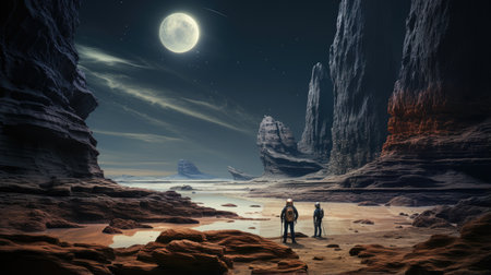 Man and woman standing on the beach at night.の素材