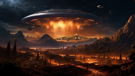Fantasy alien planet. Flying saucer.の素材