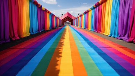 Colorful rainbow fabric on the bridge with blue skyの素材