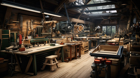 Old carpenter's workshop with a lot of tools and instruments.の素材