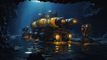 an underwater cave with a submarine in the backgroundの素材