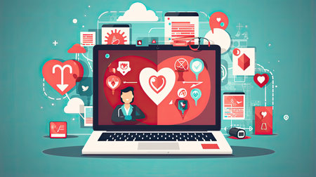 Flat design modern vector illustration concept of online dating and romantic relationship. Laptop computer with social media icons.の素材