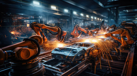 Industrial robots are welding in a car factory. Automotive industry concept.の素材