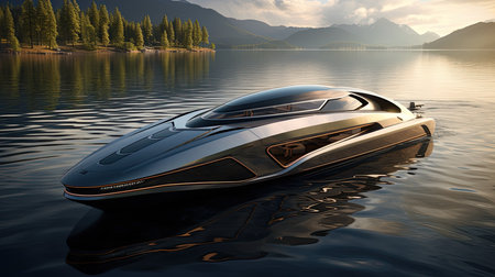 a speedboat on a lake with mountains in the backgroundの素材