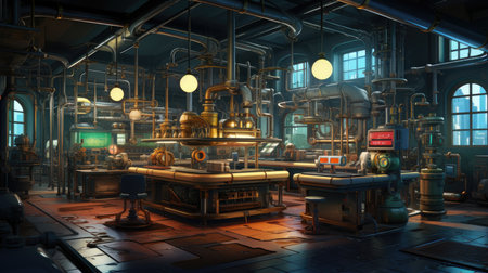 a factory interior in the evening with lights onの素材