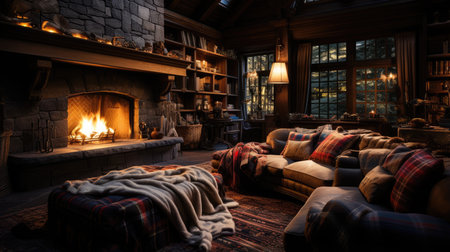 Cozy living room with fireplace, sofa, plaid and pillowsの素材