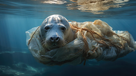 seal in a plastic bag in the sea. Concept of environmental pollutionの素材