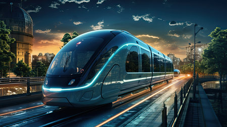 Modern high-speed train in the city at night.の素材