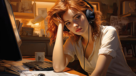 Young woman with red hair in headphones works at night in the office.の素材