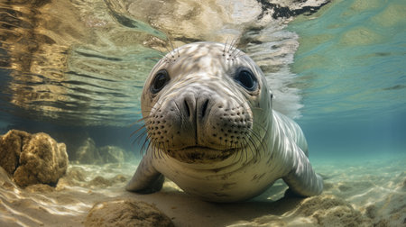 Cute baby seal in the ocean. Underwater wildlife.の素材