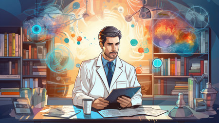 Vector illustration of a doctor with a tablet in his hands in the officeの素材