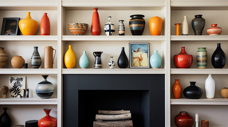 Colorful ceramic vases on white bookshelf in living roomの素材