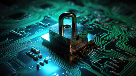 Cyber security concept. Padlock on electronic circuit board.の素材