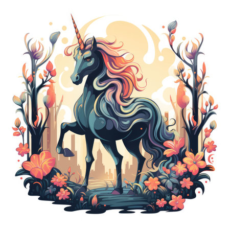 Unicorn with long mane in the city.の素材