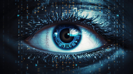 Close up of human eye with digital binary code.の素材