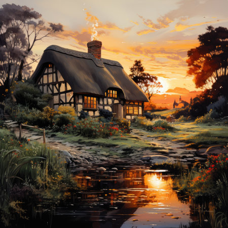 an old house in the countryside with a beautiful sunsetの素材
