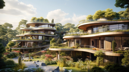 Modern Japanese garden with pond and wooden houses.の素材