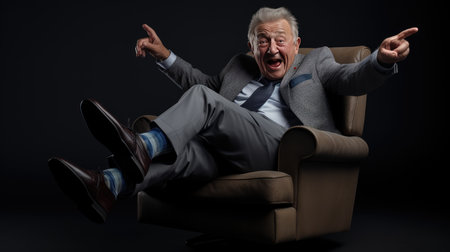 Portrait of a senior businessman sitting in an armchair and screamingの素材