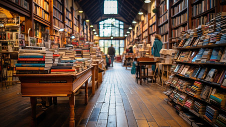 Bookstore interior with lots of books, shallow depth of field.の素材
