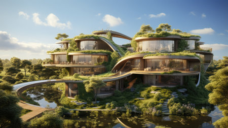 A modern building in the middle of a lakeの素材