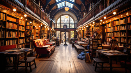 Old library interior with bookshelves and chairs.の素材