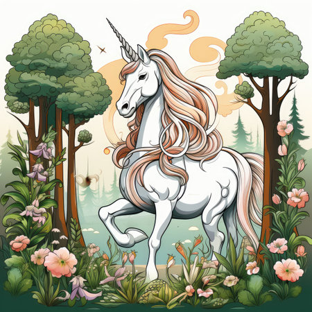 Unicorn on the background of the forest and flowers.の素材