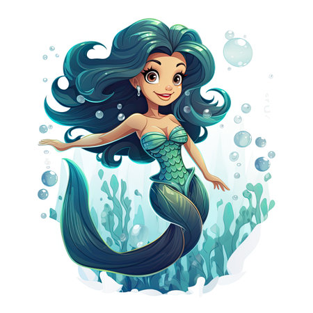 Cute mermaid with long hair in the sea.の素材