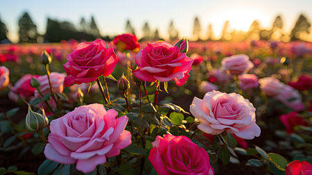 Beautiful pink roses blooming in the garden at sunset time.の素材