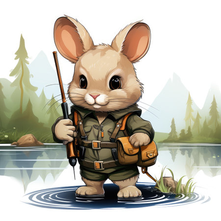 Illustration of a cute rabbit hunter with a rifle in his handの素材