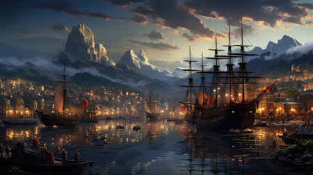 Sailing ships on the river at nightの素材