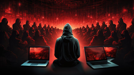 Hooded hacker sitting in front of laptop computers with binary code backgroundの素材