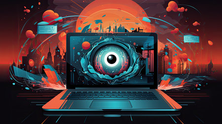 Modern cyber security concept with laptop and eye in flat styleの素材