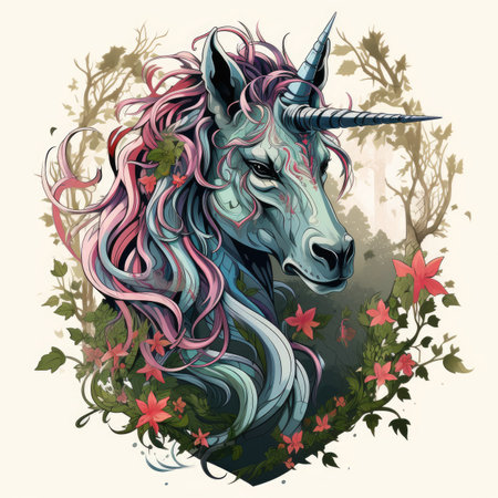 Unicorn head with long mane and flowers.の素材