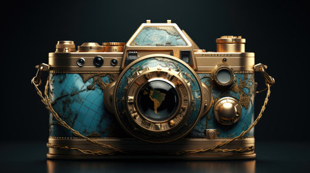 Vintage camera with world map on dark background.の素材