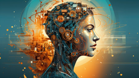 artificial intelligence concept with human head and circuit boardの素材