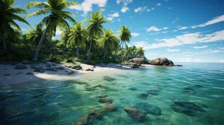 Tropical island with palm trees and blue sky.の素材