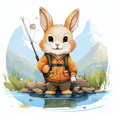 Rabbit with a fishing rod on the river. Vector illustration.の素材