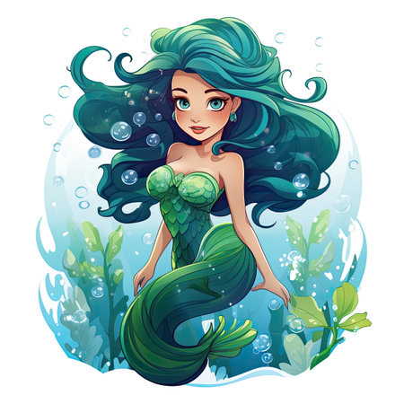 Beautiful mermaid with green hair and seaweed. Cartoon vector illustration.の素材