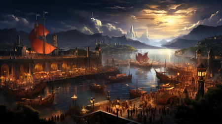 Fantasy landscape with ancient ships in the river.の素材