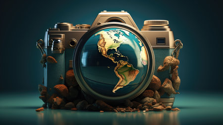 Vintage camera with earth planet on blue background.の素材