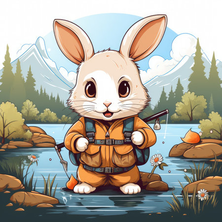 Illustration of a Cute Bunny with a fishing rod in the riverの素材