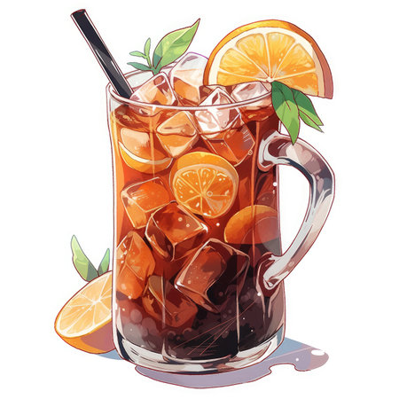 Iced tea with lemon and mint in a glass mug. Vector illustration.の素材